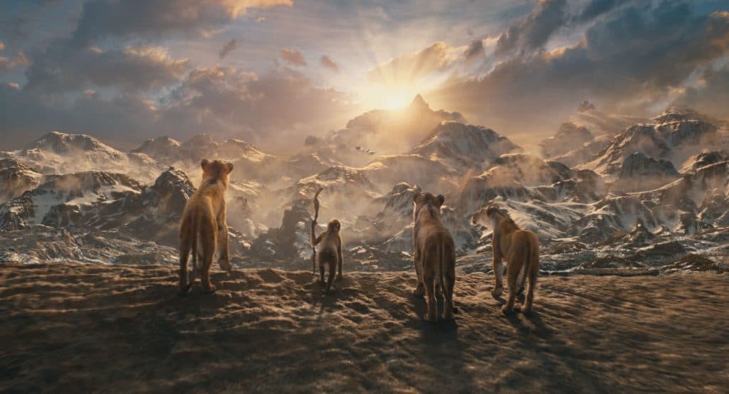 (L-R) Mufasa (voiced by Aaron Pierre), Young Rafiki (Kagiso Lediga), Taka (voiced by Kelvin Harrison Jr.) and Sarabi (Tiffany Boone) in Mufasa: The Lion King