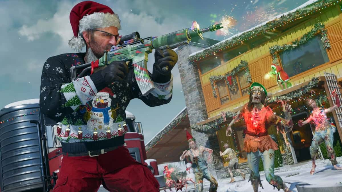 Black Ops 6 character in game with nuketown snow mpa