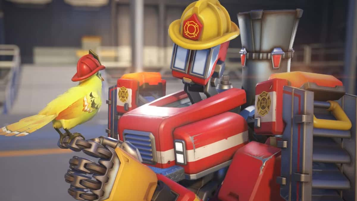 A screenshot featuring the Fire Engine Bastion skin in Overwatch 2.