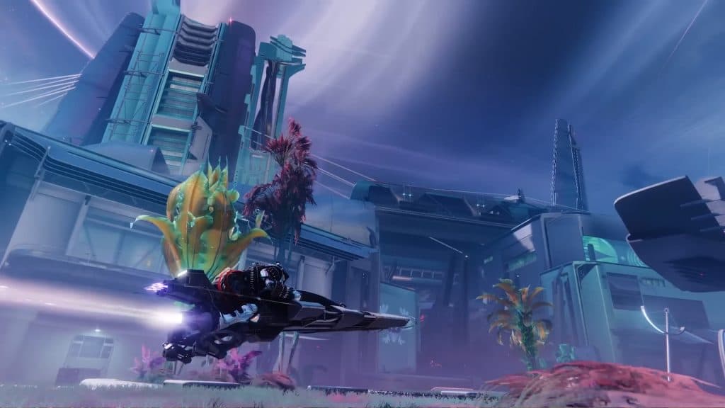 A Guardian riding a Sparrow in the opening section of the First Contact mission in Destiny 2's Lightfall campaign.