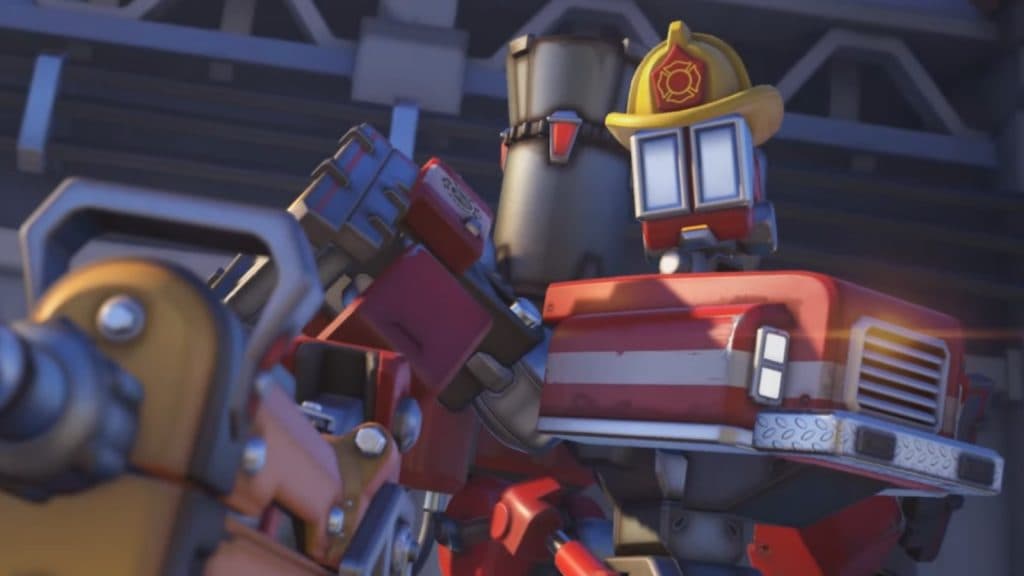 A screenshot featuring the legendary Fire Engine Bastion skin in Overwatch 2.