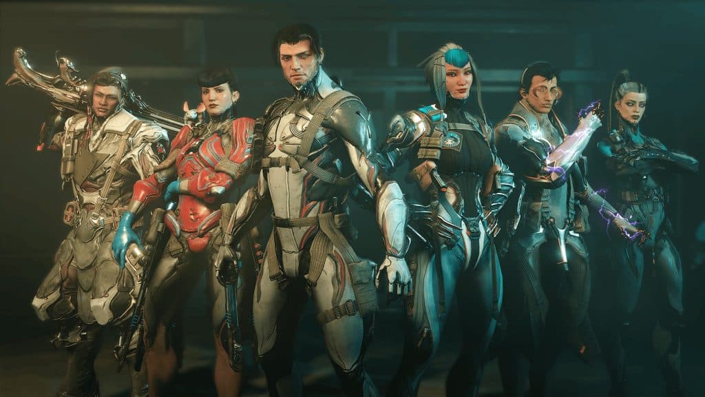 Six Warframe characters standing together.