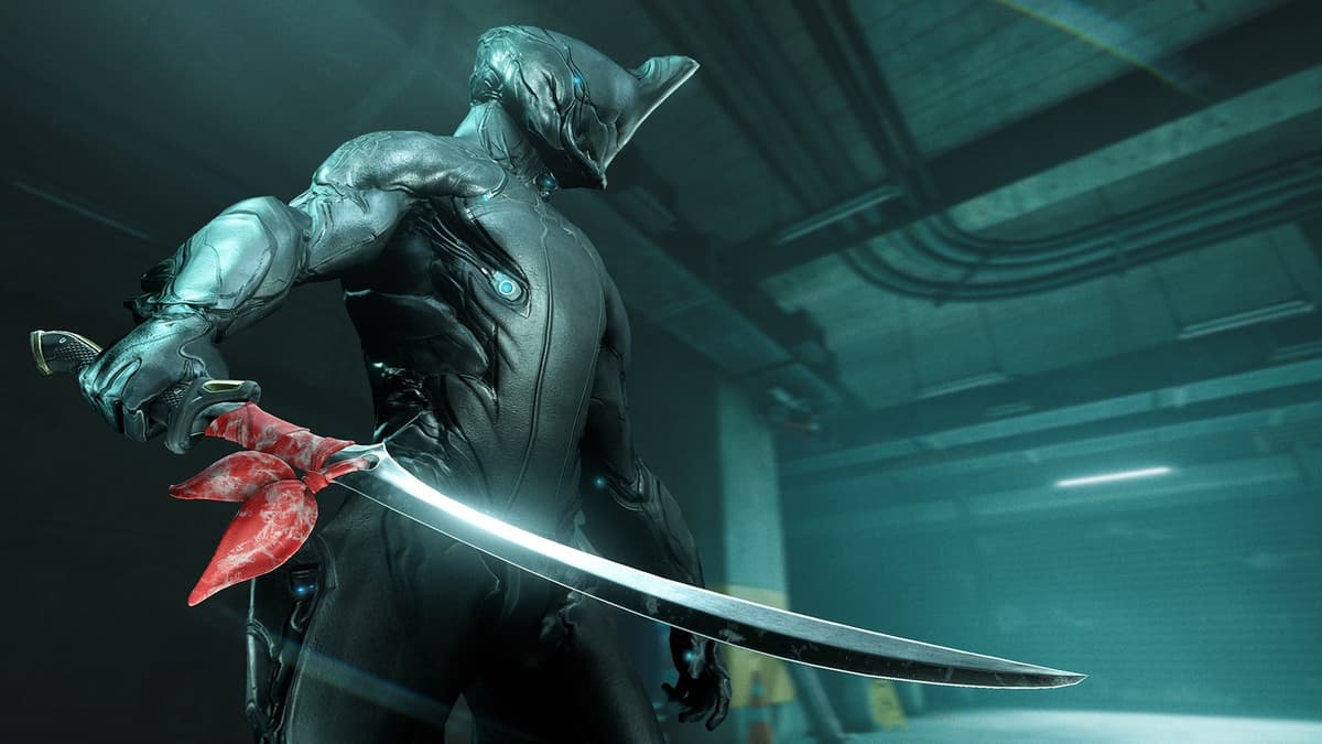 A Warframe character holding a sword with a red ribbon tided around the hilt.