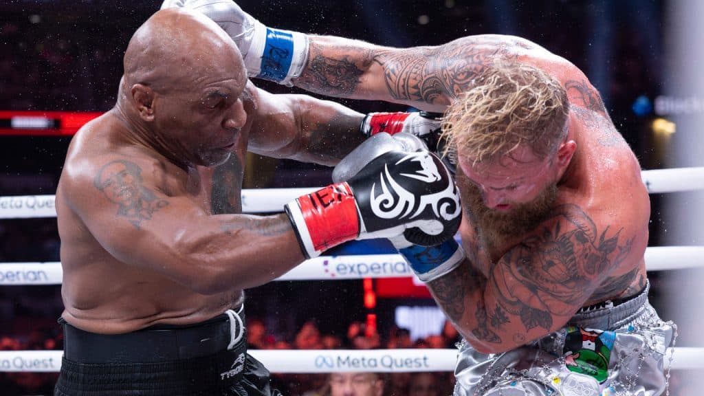 Jake Paul exchanges blows with Mike Tyson during their Nov. 15 bout.