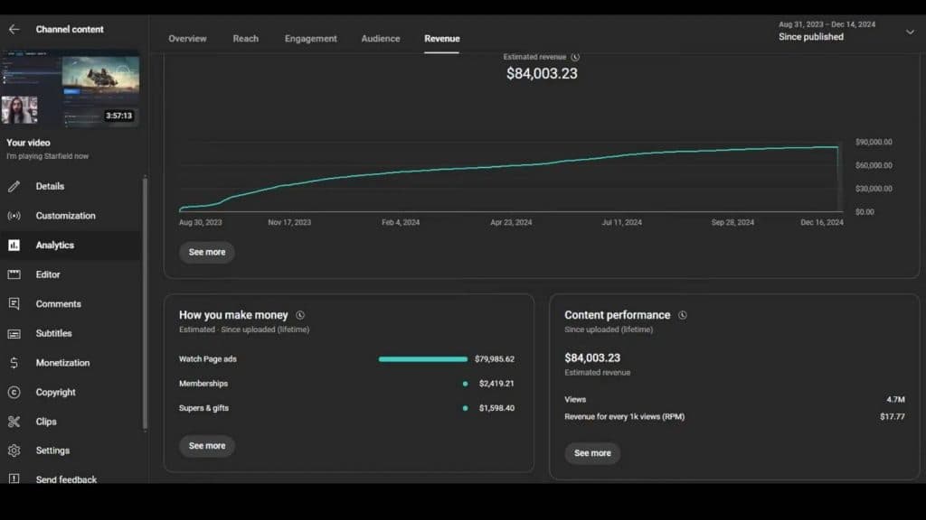 Screenshot of moistcr1tikal youtube earnings on Starfield stream