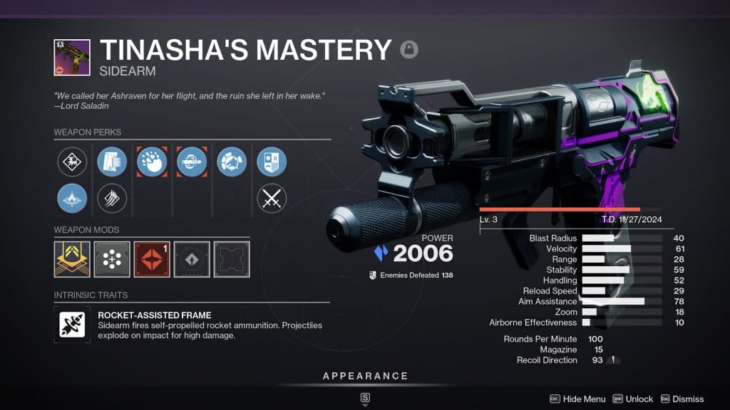 The Tinasha's Mastery god roll in Destiny 2,