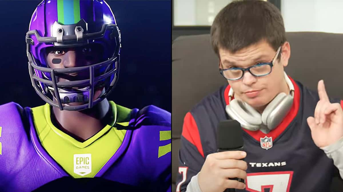 Fortnite NFL skin side by side with Sketch holding finger up