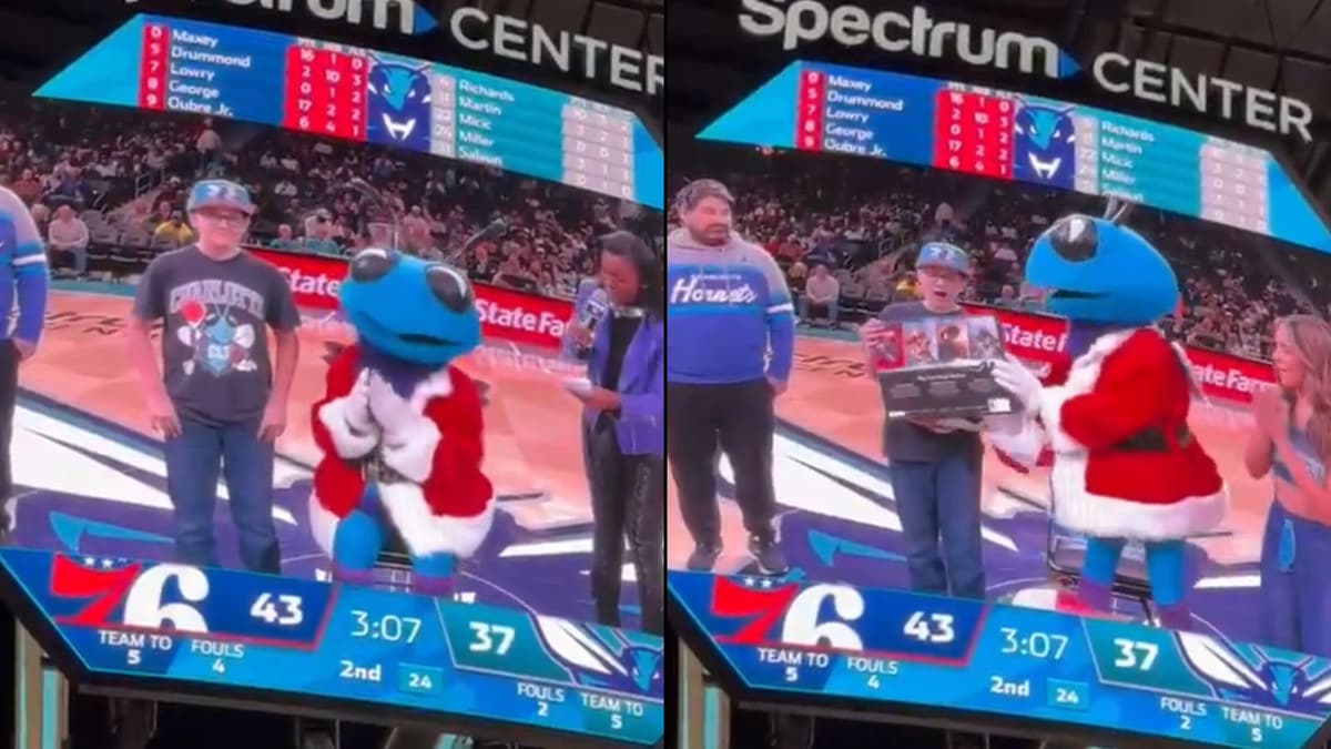 Screenshots of NBA fan on Charlotte Hornets court being handed PS5