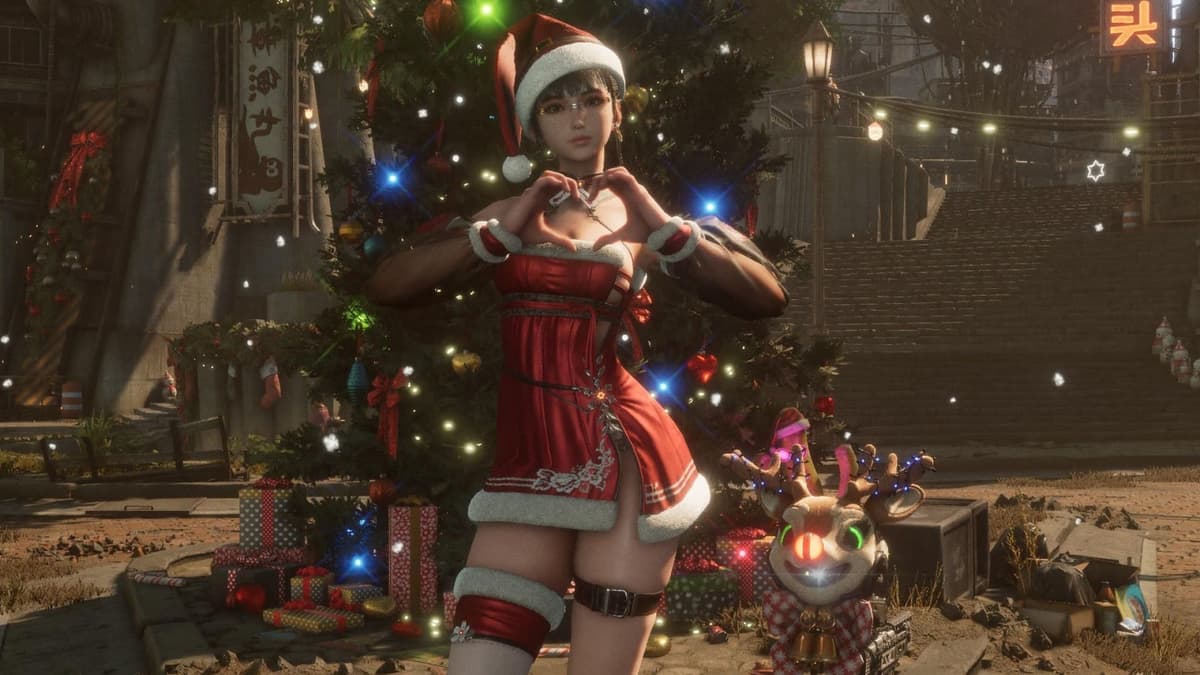 Eve wearing the Santa dress outfit in Stellar Blade, one of the Christmas presents