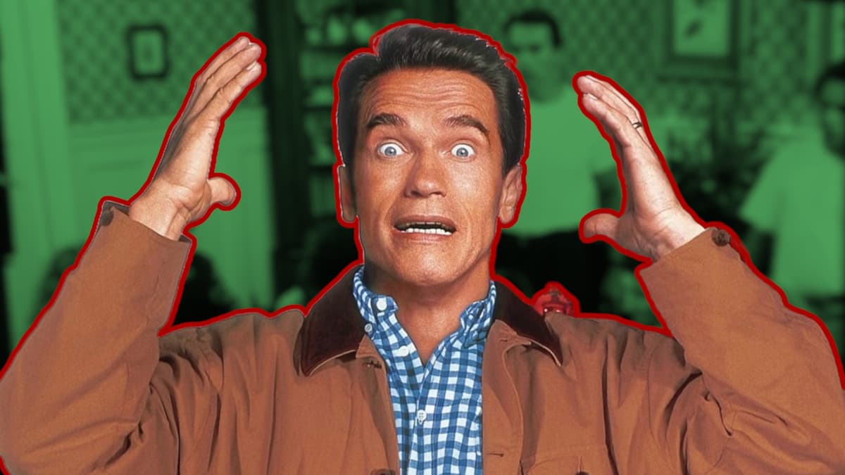 Arnold Schwarzenegger directed the wildest Christmas movie you never saw: Arnold Schwarzenegger holding his hands up