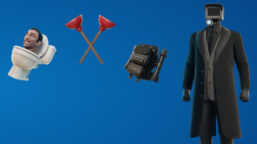 A screenshot featuring all cosmetics from the Skibidi Toilet collab in Fortnite.