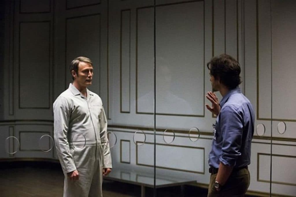 Mads Mikkelsen as Dr. Hannibal Lecter and Hugh Dancy as Will Graham in Hannibal