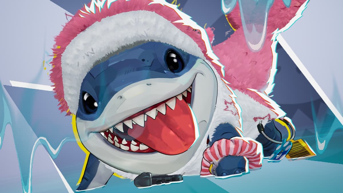 A screenshot featuring Jeff the Land Shark wearing a pink dolphin costume.