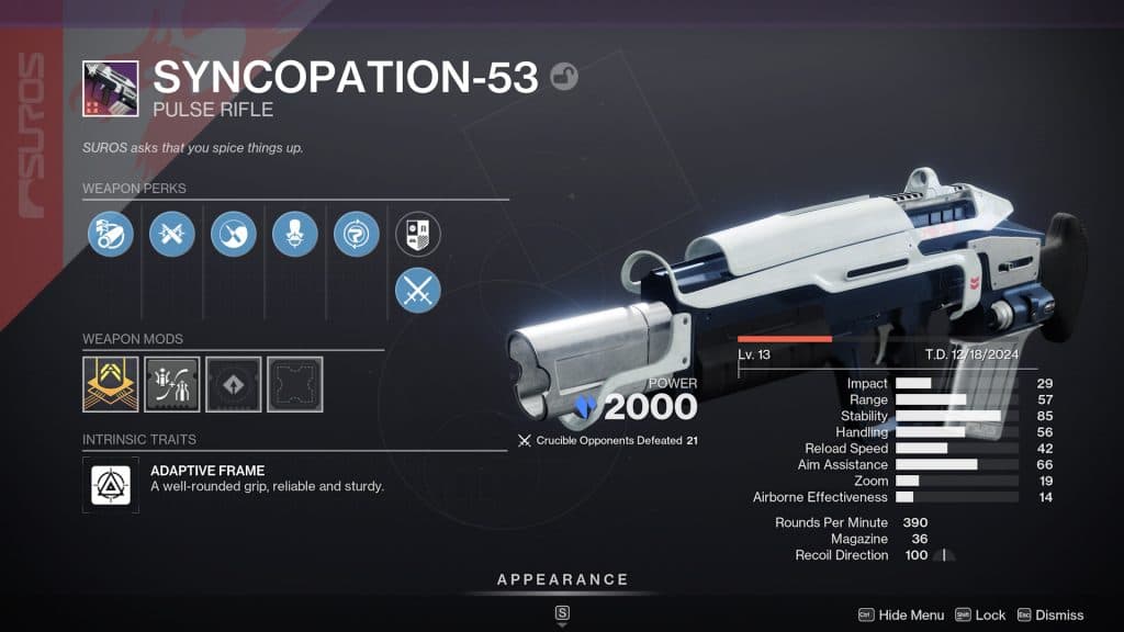 A Syncopation-53 PvP god roll in Destiny 2.