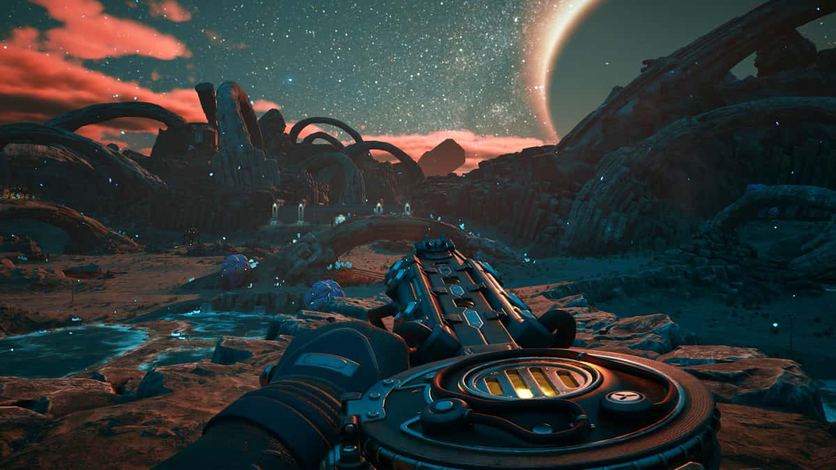 outer worlds 2 player exploring planet with weapon in hand