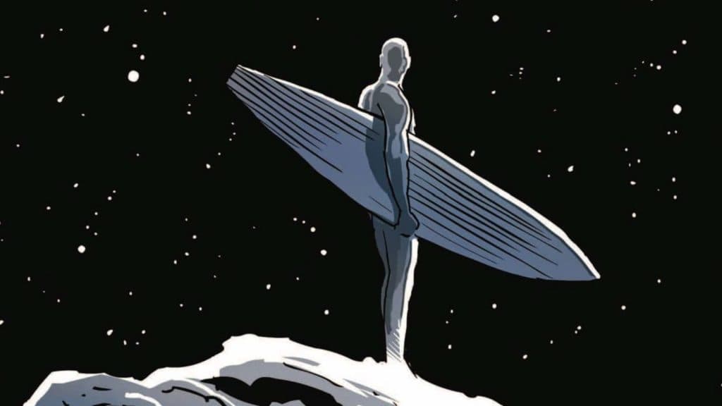 Silver Surfer standing on moon in Marvel comics