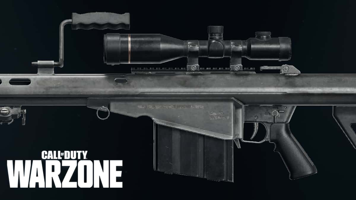 The AMR Mod 4 sniper rifle next to the Call of Duty: Warzone logo.