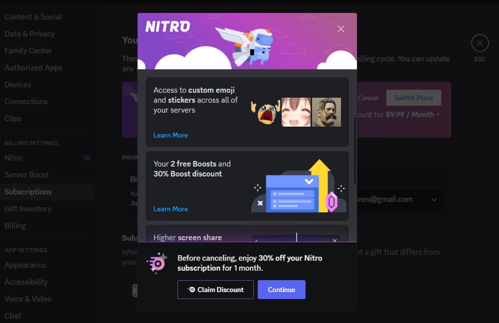 Discord subscription cancellation offers