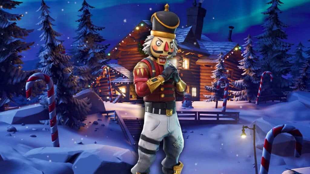 Crackshot, a wooden nutcracker, standing in front of a log cabin