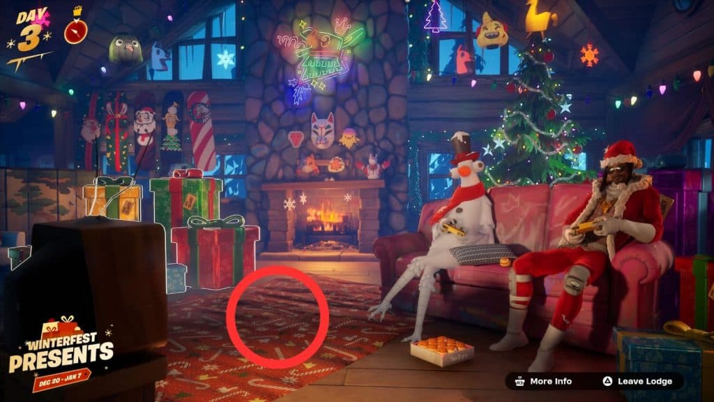 Screenshot of Fortnite Winterfest 2024 cabin with circle marking where Santa Snoop Dogg present will be