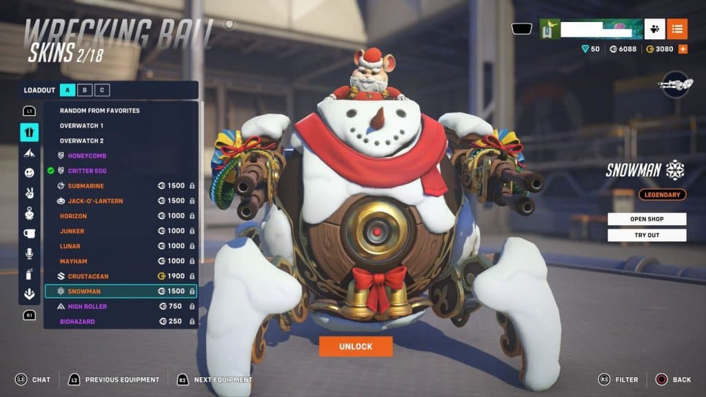 Snowman Wrecking Ball skin in Overwatch 2