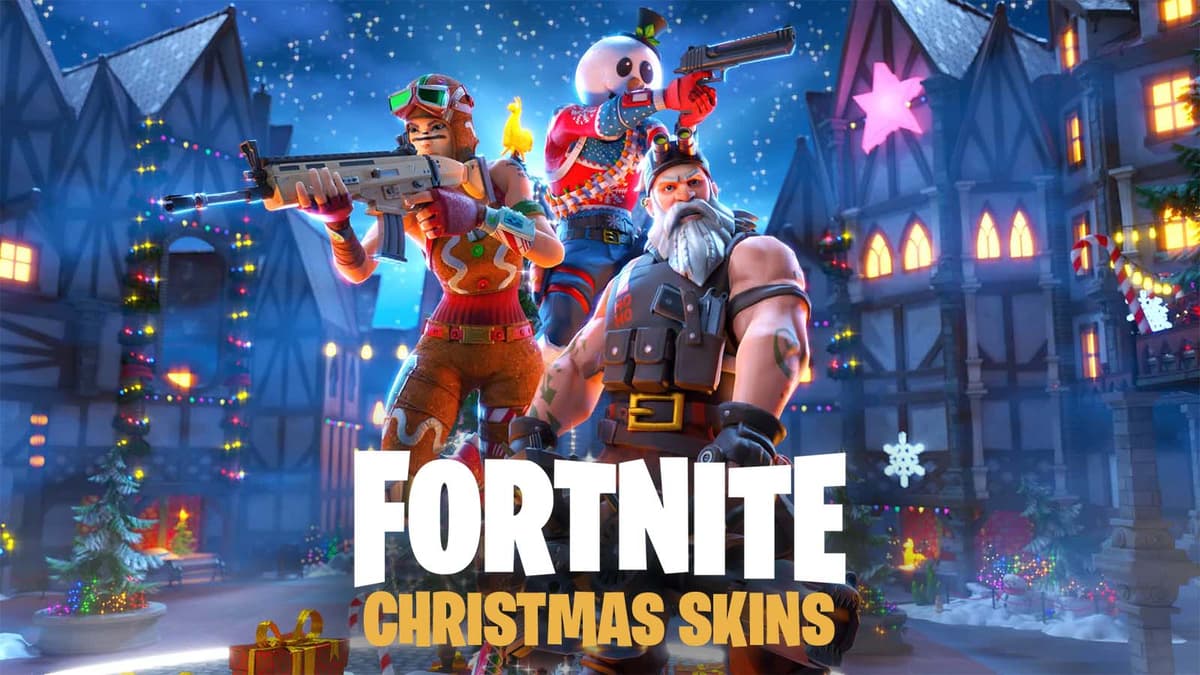 Sgt Winter, Slushy Soldier, and Ginger Gunner standing in a snowy town, with the text "Fortnite Christmas Skins"