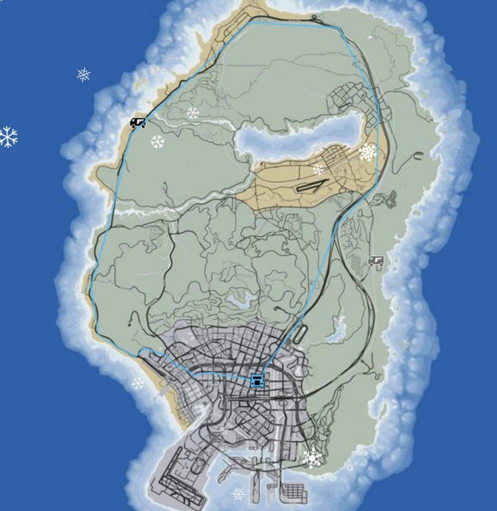 GTA Online map with holiday hauler route in blue