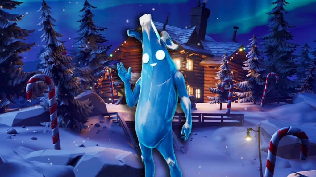 Polar Peely, a frozen banana with arms and legs, standing outside of a log cabin