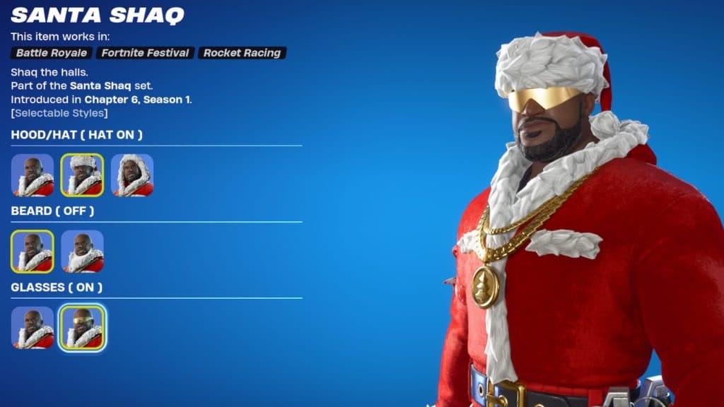 A screenshot featuring the customization options for the Santa Shaq skin in Fortnite.