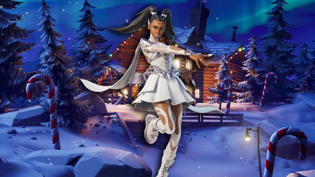 Snowdancer, wearing a white dress, white boots, and with brown hair in two ponytails, dancing in front of a log cabin