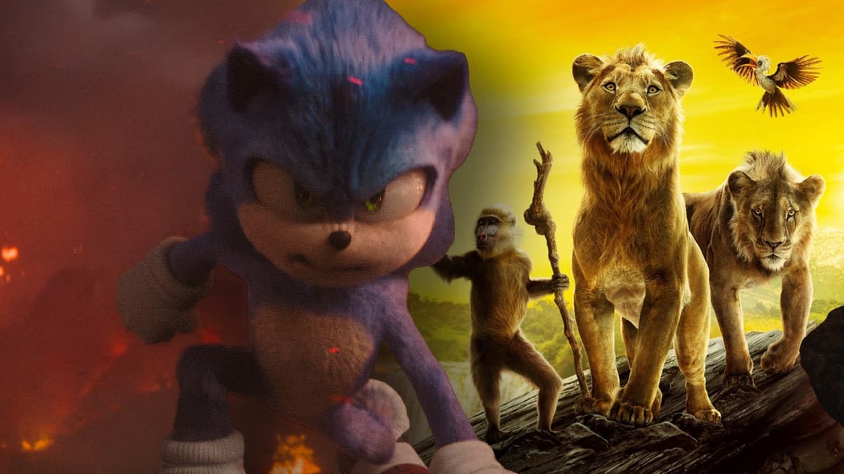 Sonic in Sonic 3 and the poster for Mufasa: The Lion King