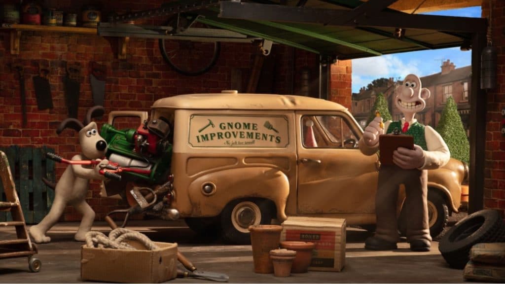 Wallace and Gromit load a van with the slogan Gnome Improvements