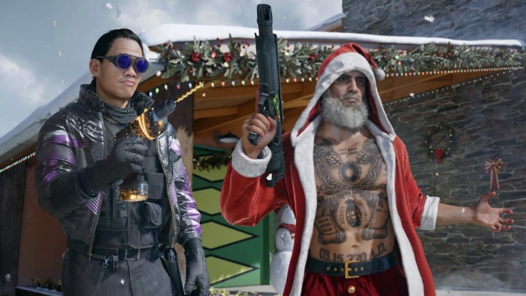 Two operators in Black Ops 6 Nuketown map. One is dessed as Santa