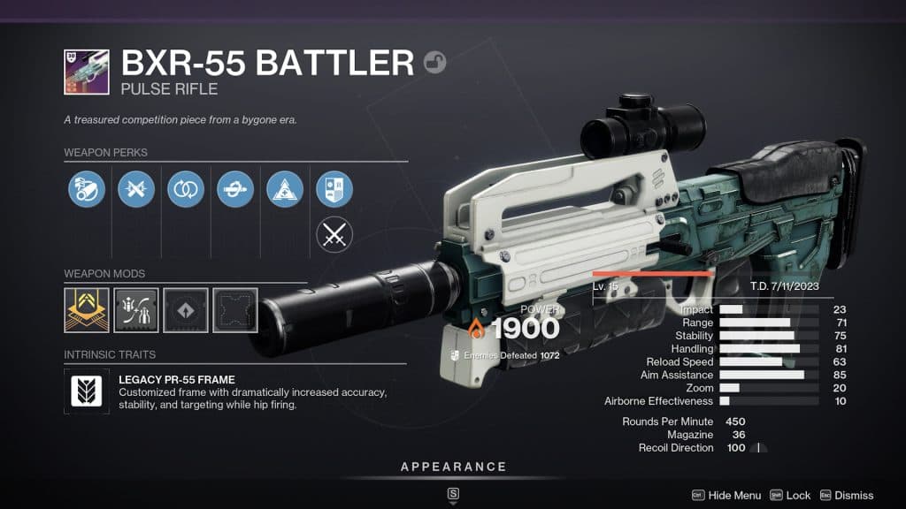 The BXR-55 Battler PvP god roll in Destiny 2.