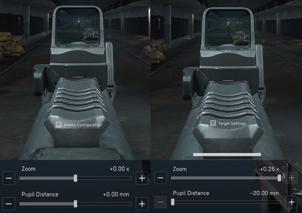 A comparison between an uncalibrated optic and a calibrated optic in Delta Force.