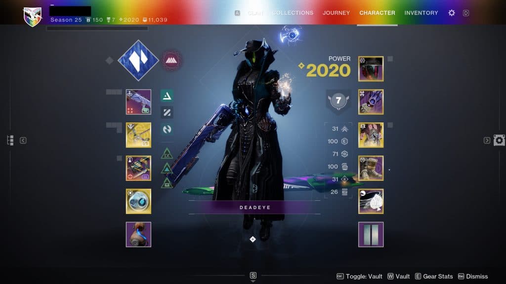 A Warlock loadout in Destiny 2 with meta armor stats.