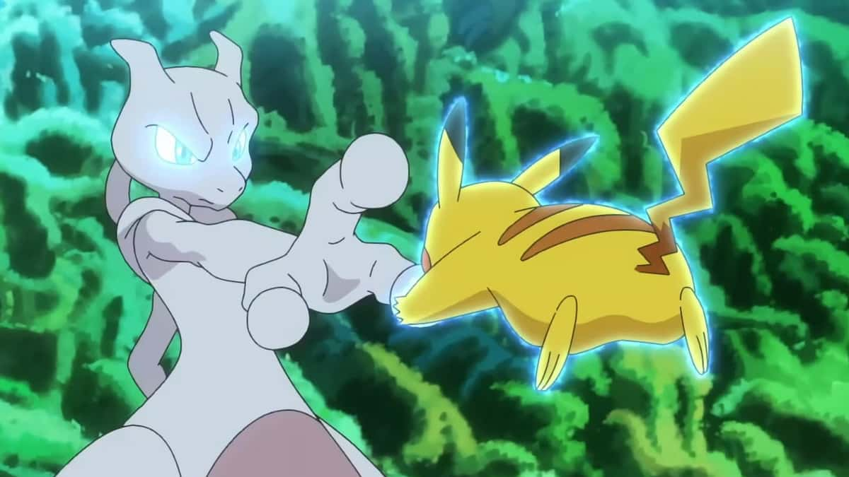 Mewtwo fighting Pikachu in Pokemon Hoirzons The Series