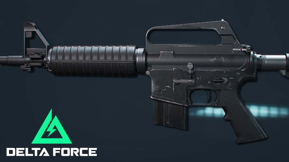 A side profile of the CAR-15 assault rifle in Delta Force alongside the game's official logo.