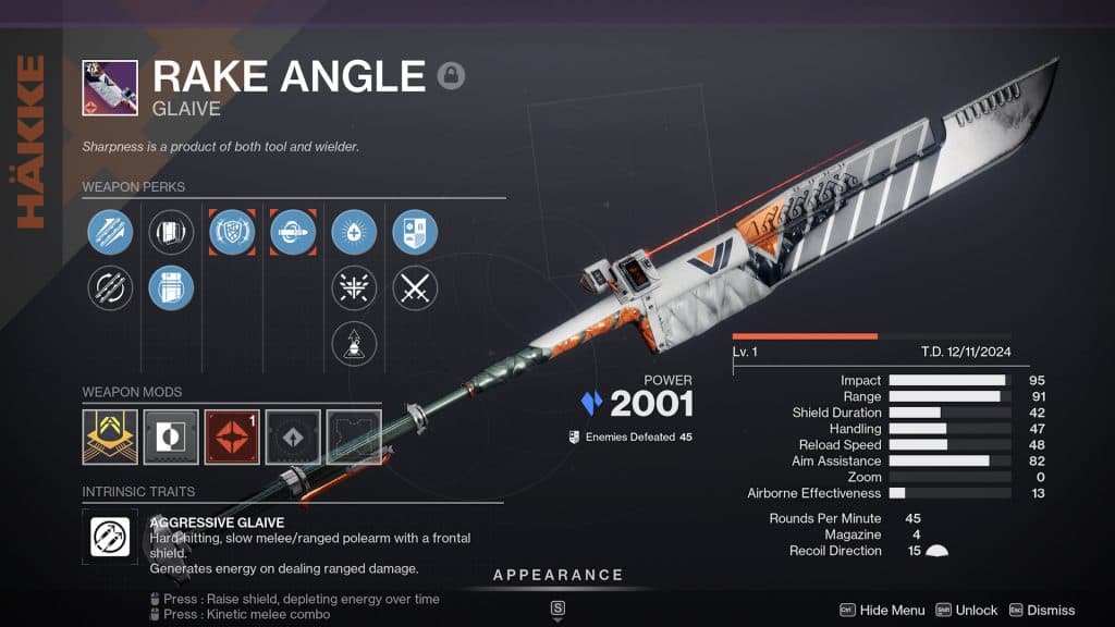 The Rake Angle god roll in Destiny 2.