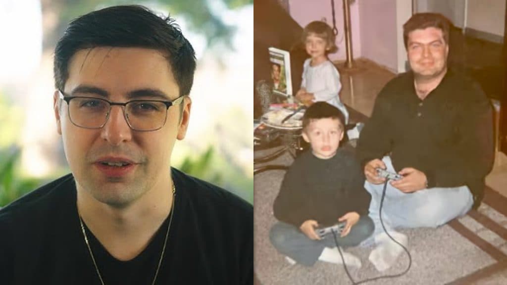 Shroud Fragathon Twitch subathon stream announcement screenshot and a photo of him with his dad as a child.