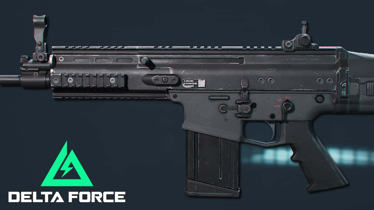 A side profile of the SCAR-H rifle in Delta Force alongside the game's official logo.