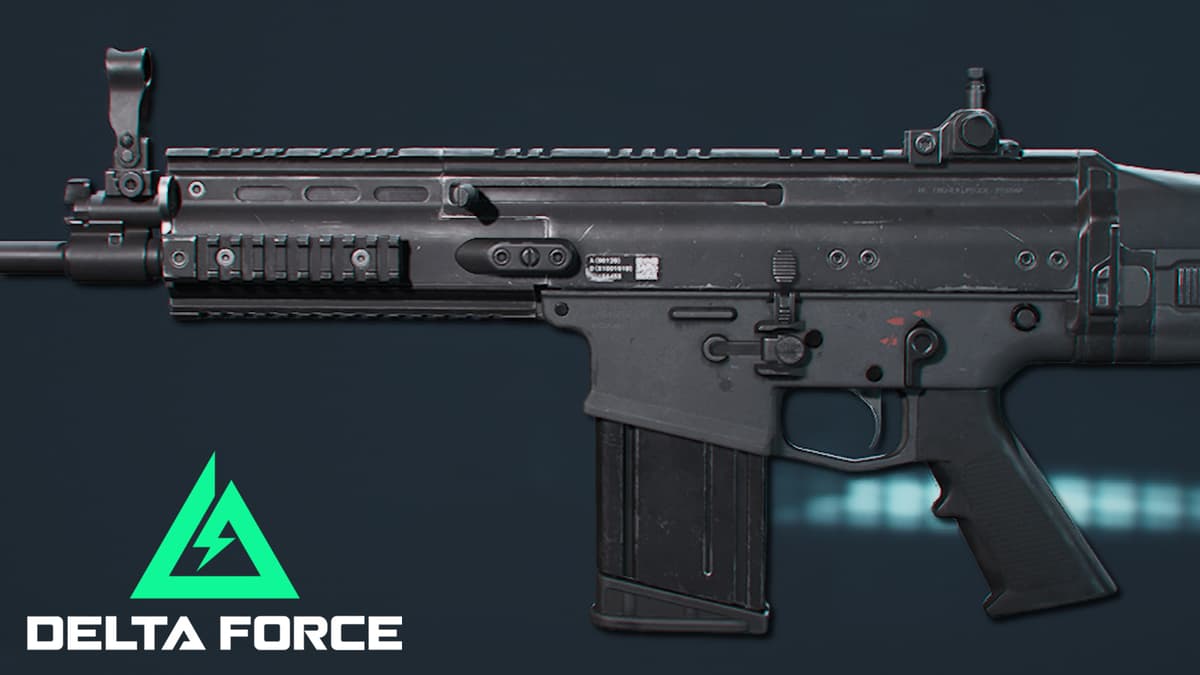 A side profile of the SCAR-H rifle in Delta Force alongside the game's official logo.