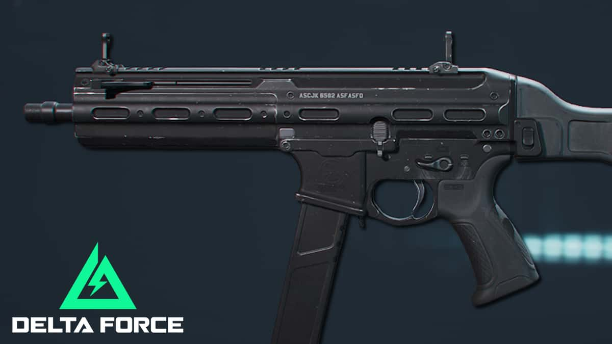 A side profile of the SMG-45 alongside the Delta Force logo.