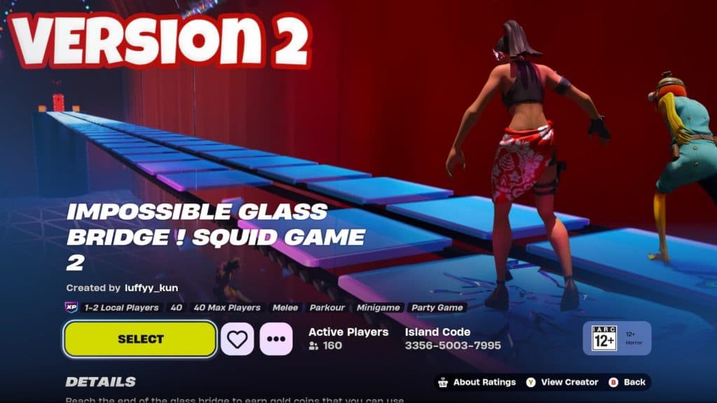 A screenshot featuring the Glass Bridge game from Squid Game in Fortnite.