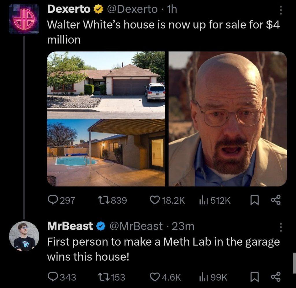 Screenshot of deleted MrBeast tweet about Breaking Bad house