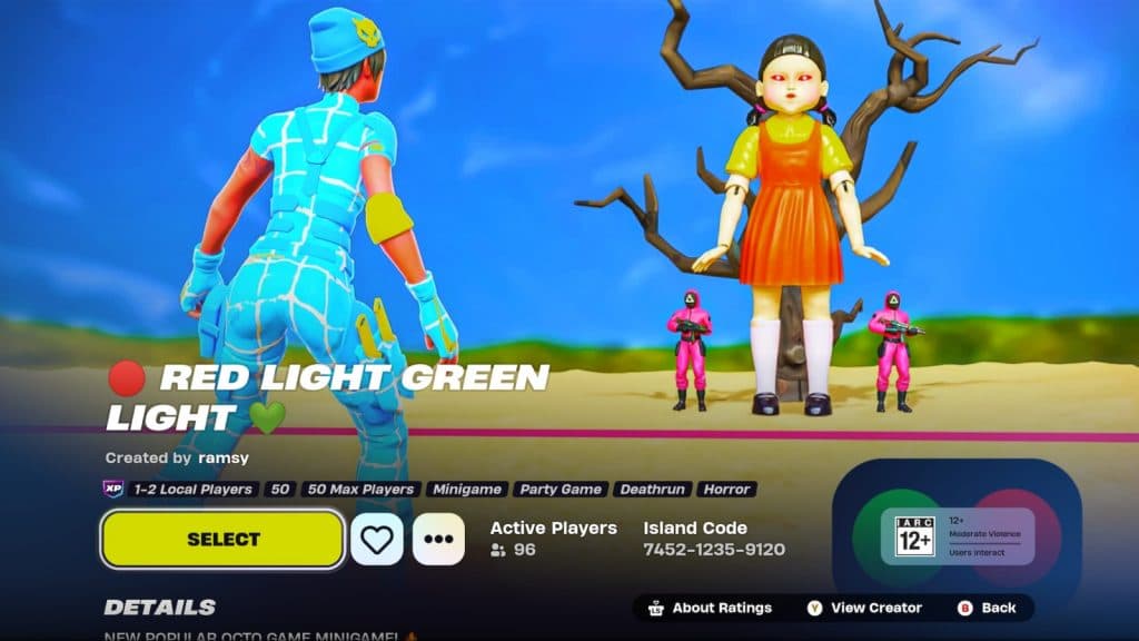 A screenshot featuring the Red Light Green Light game in Fortnite.