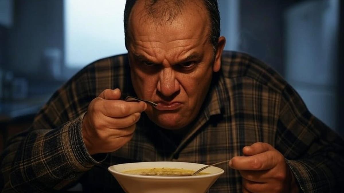 Image of a man looking angry while eating soup