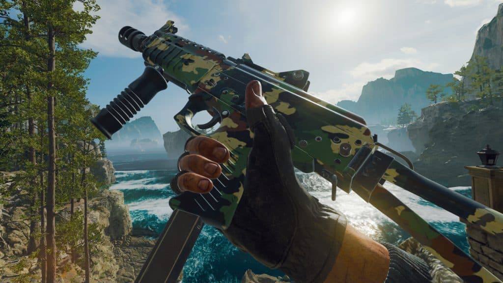 Black Ops 6 Jackal PDW SMG with a woodland camo equipped.