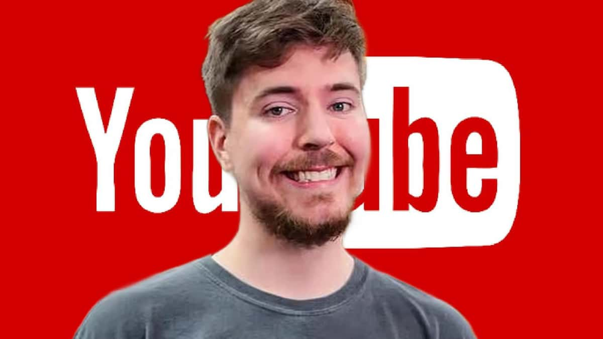 YouTube star MrBeast in front of the YouTube logo.