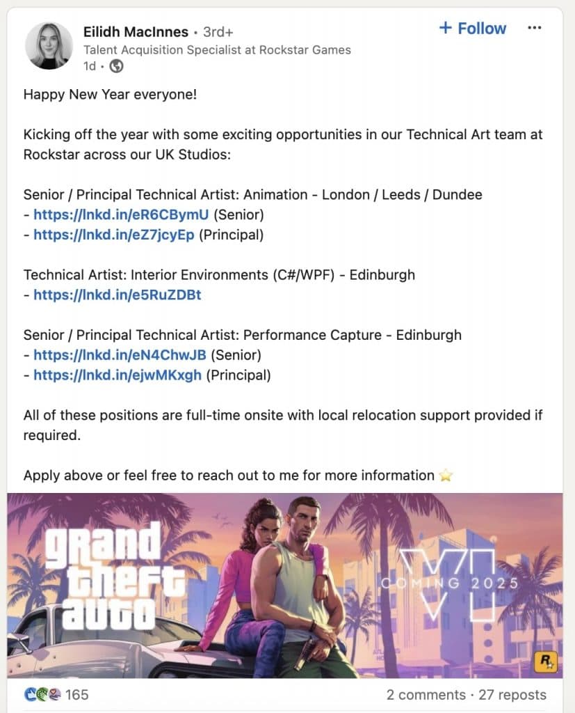 Screenshot of LinkedIn post about GTA 6 releasing in 2025